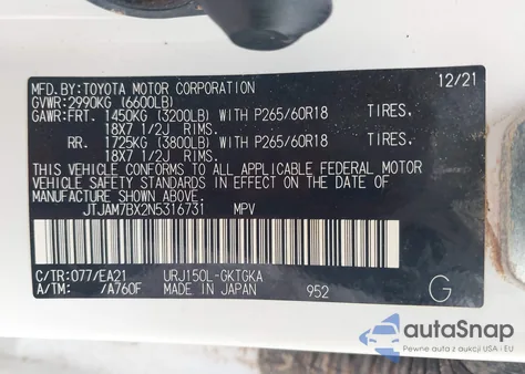 2022 Lexus Gx 460 Premium z USA, uszkodzony, nr VIN JTJAM7BX2N5316731